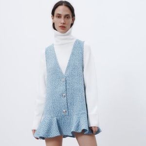 Zara Ruffled Textured Pinafore Dress, Blue/White Size L WORN ONCE